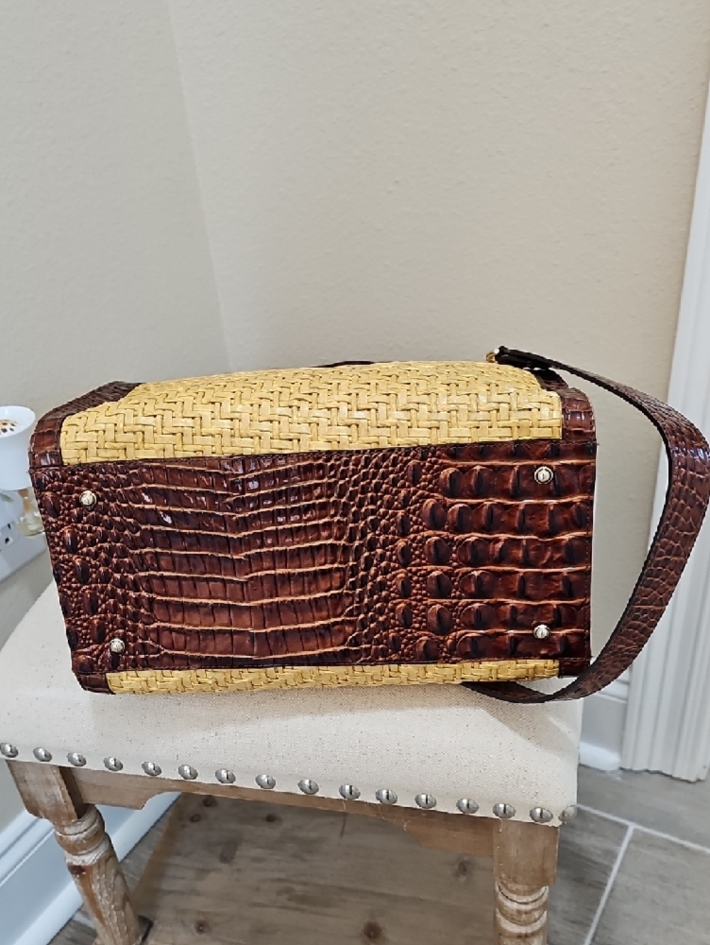Brahmin Tan Straw Satchel with Brown Faux-Croc Trim - Picture 3 of 11